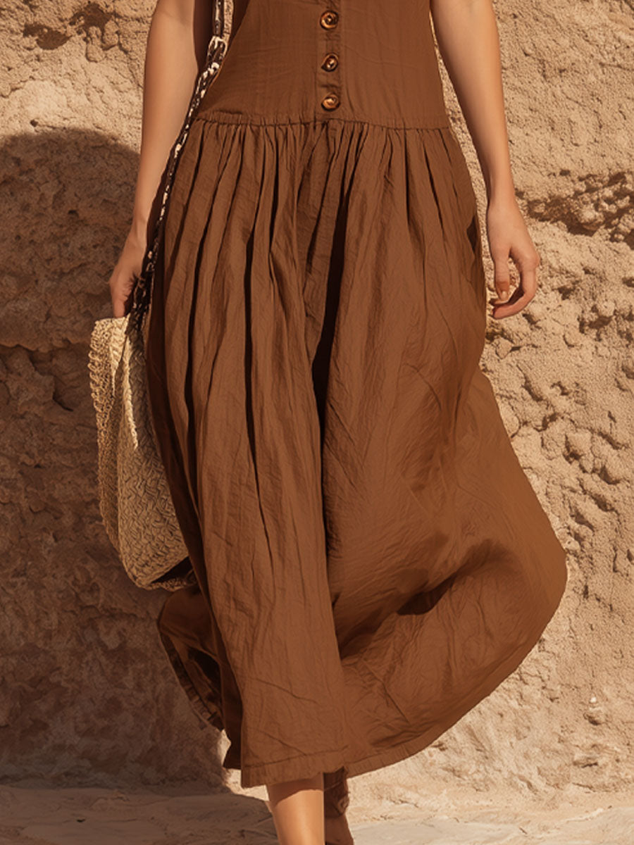 Round Neck Sleeveless Cotton Linen Low Waist Midi Dress