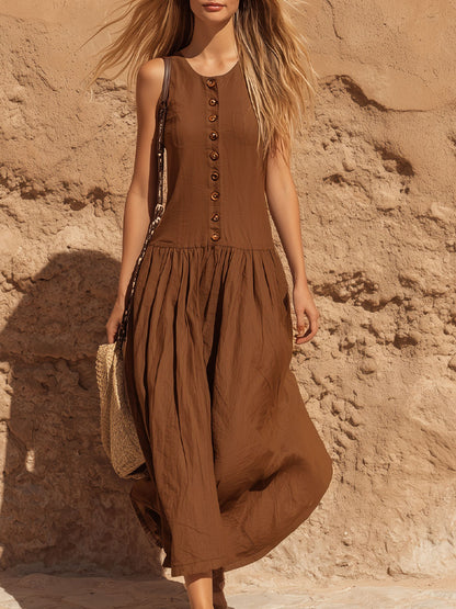 Round Neck Sleeveless Cotton Linen Low Waist Midi Dress