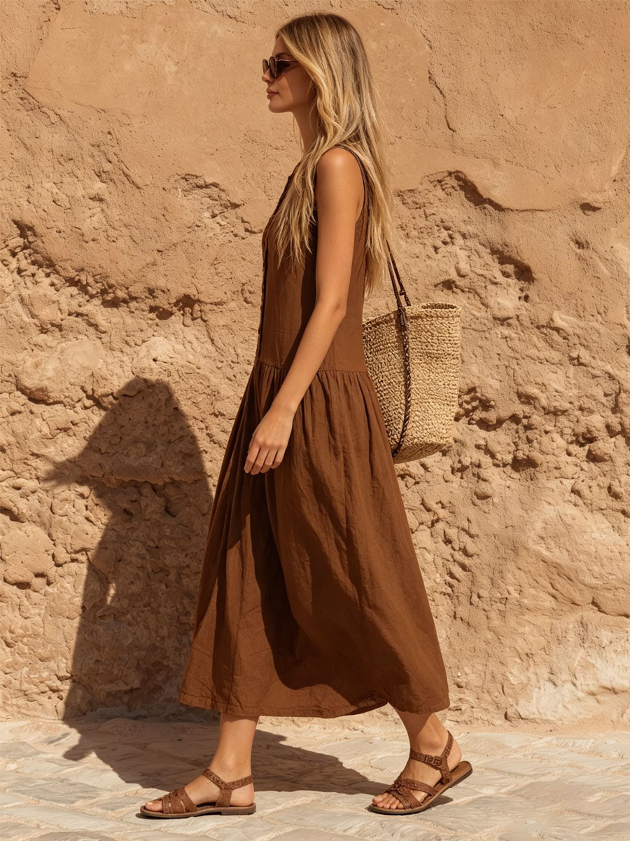 Round Neck Sleeveless Cotton Linen Low Waist Midi Dress
