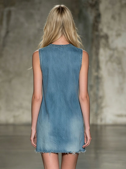 V-neck Floral Embroidered Denim Sleeveless Mini Dress