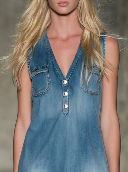 V-neck Floral Embroidered Denim Sleeveless Mini Dress