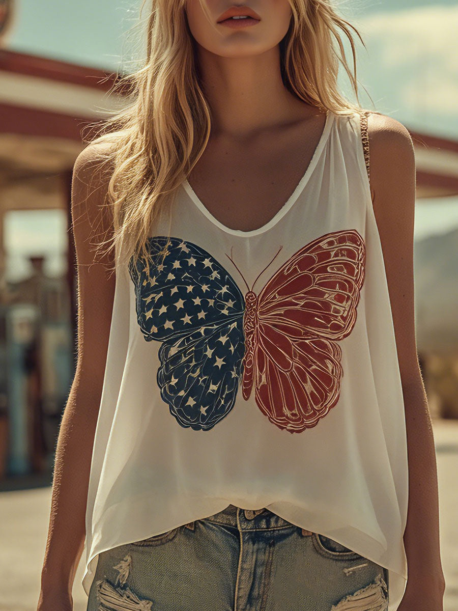 Western Retro American Flag Print White Sleeveless Chiffon Blouse