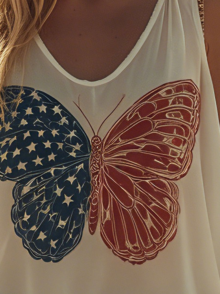Western Retro American Flag Print White Sleeveless Chiffon Blouse