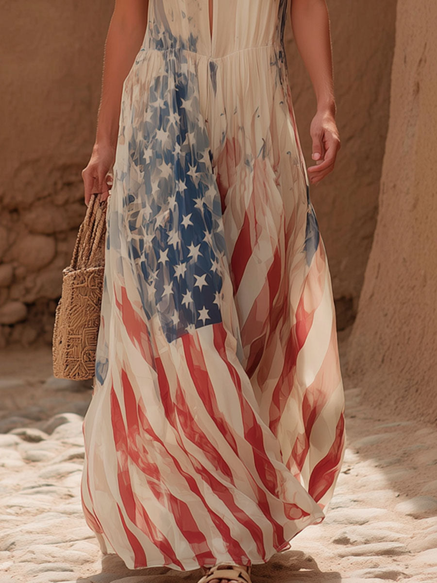 Retro V-neck Flag Print Chiffon Sleeveless Maxi Dress