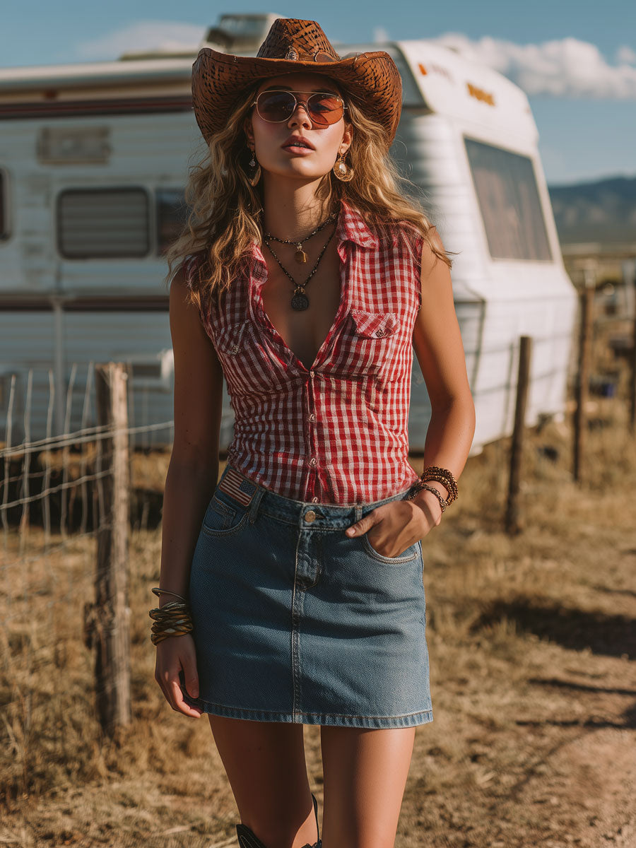 Western Retro Red And White Check Cotton Linen Sleeveless Shirt