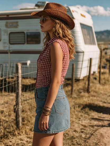 Western Retro Red And White Check Cotton Linen Sleeveless Shirt