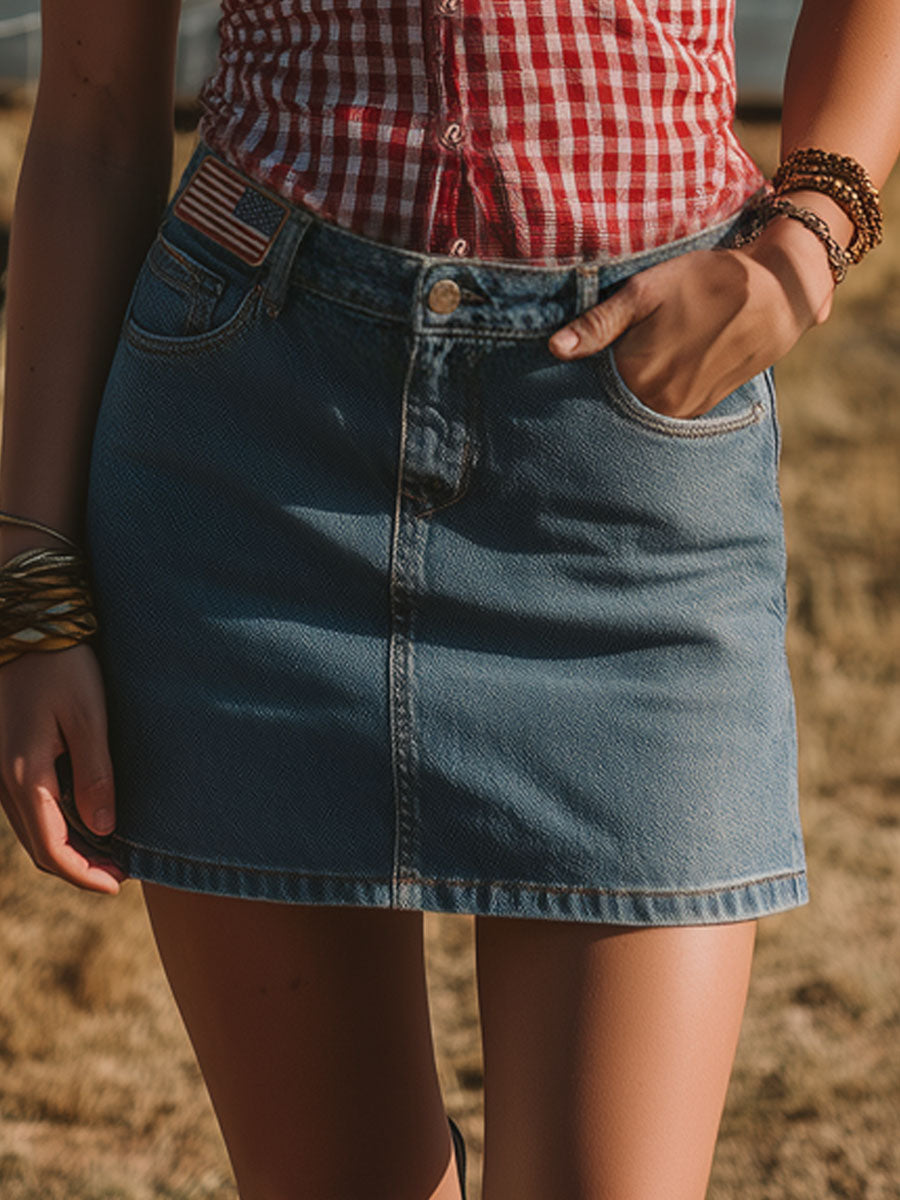 Western Retro American Flag Blue Denim Skirt
