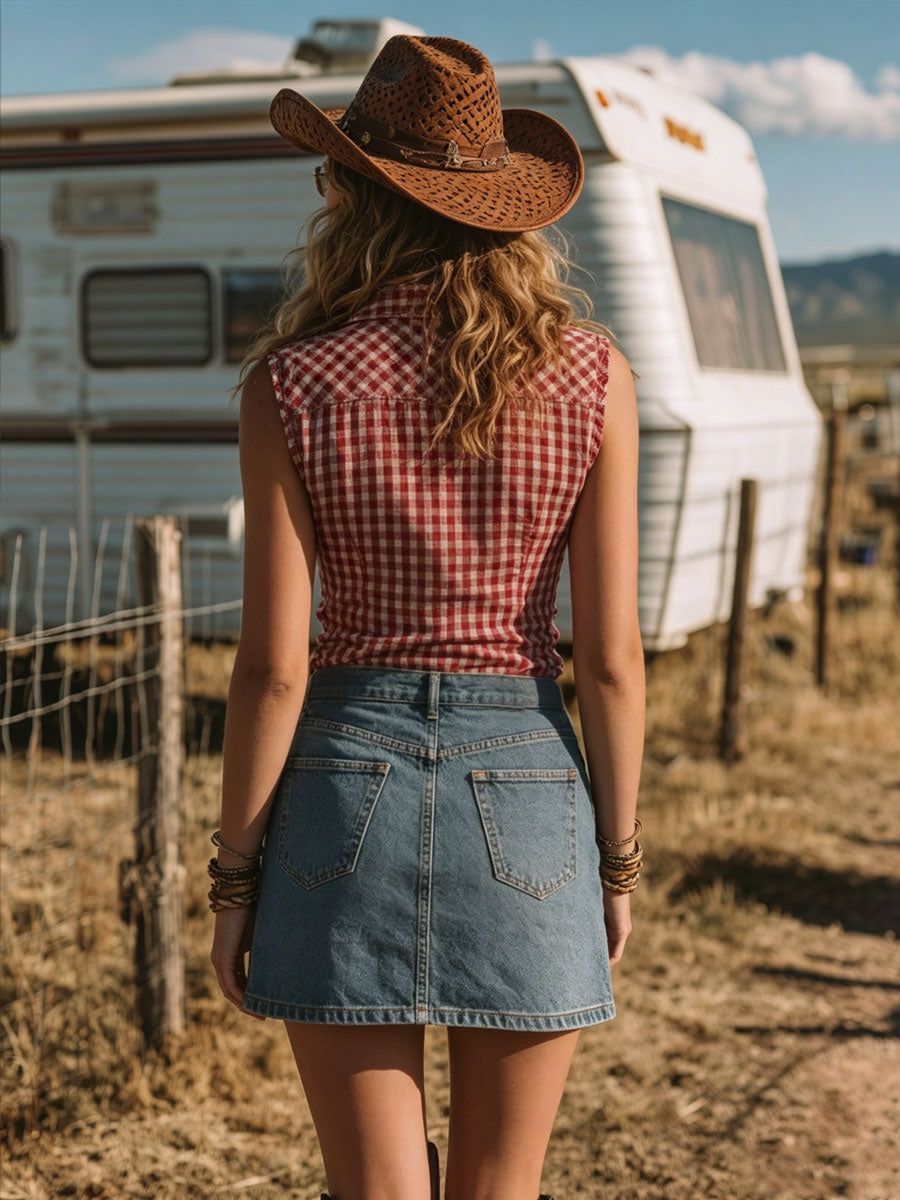 Western Retro American Flag Blue Denim Skirt