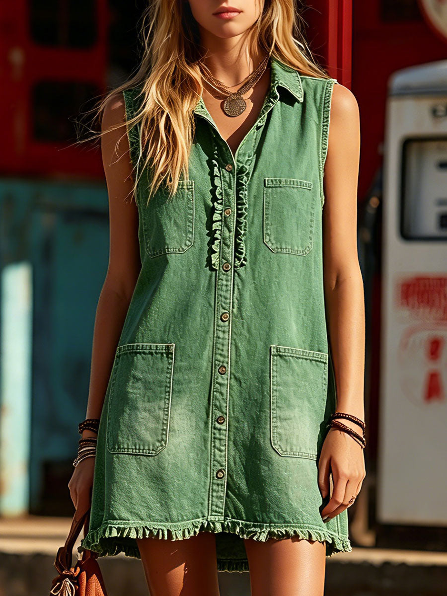 Western Retro Ruffled Green Collared Sleeveless Denim Mini Dress