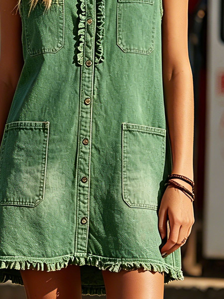 Western Retro Ruffled Green Collared Sleeveless Denim Mini Dress