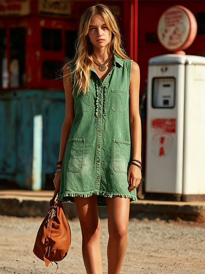 Western Retro Ruffled Green Collared Sleeveless Denim Mini Dress