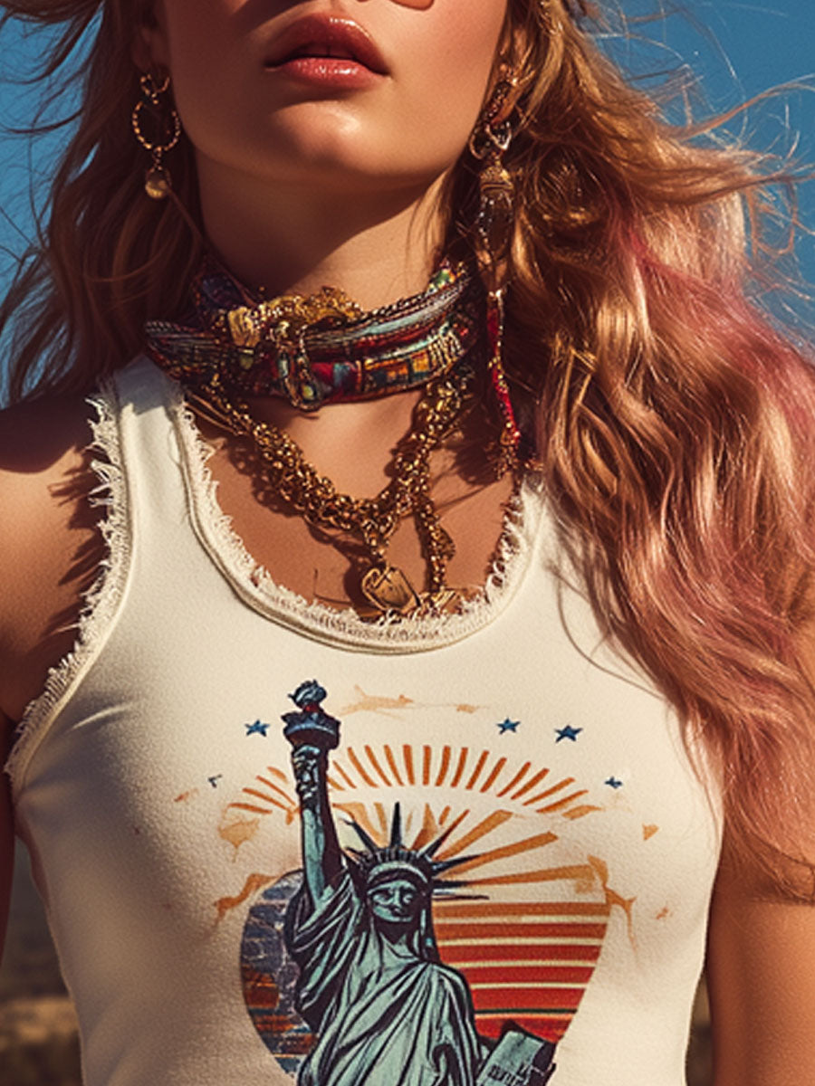 Western Retro Frayed Statue Of Liberty And American Flag Print Off-White Cotton Top