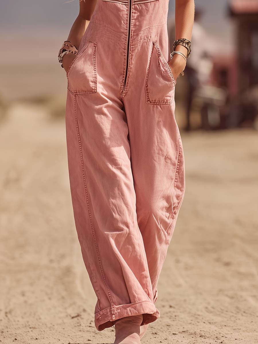 Vintage Western V-Neck Light Pink Americana Denim Jumpsuit