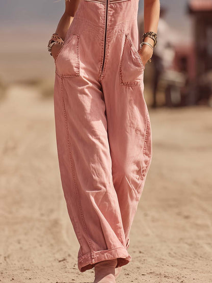 Vintage Western V-Neck Light Pink Americana Denim Jumpsuit