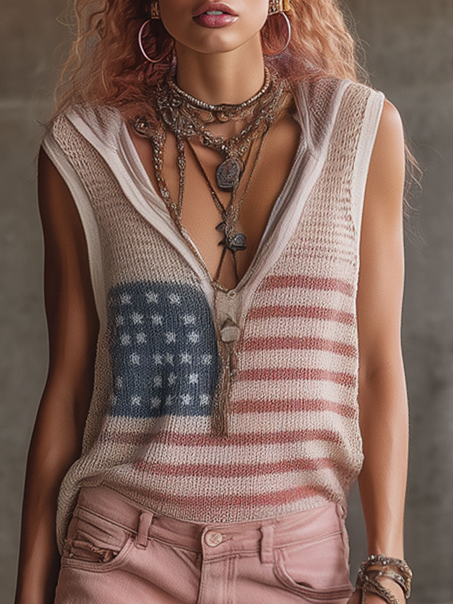 Fashionable Retro American Flag Pattern Pink Knit Mesh Sleeveless Hooded Top