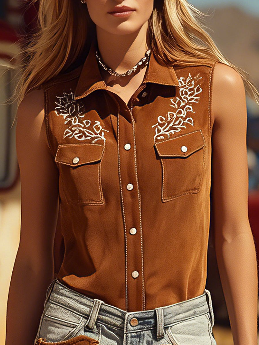 Western-style Retro Embroidered Brown Collared Sleeveless Faux Suede Shirt
