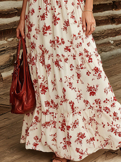 Western Retro Print Off-white Short-sleeved Tie-waist Chiffon Top And Long Skirt Set