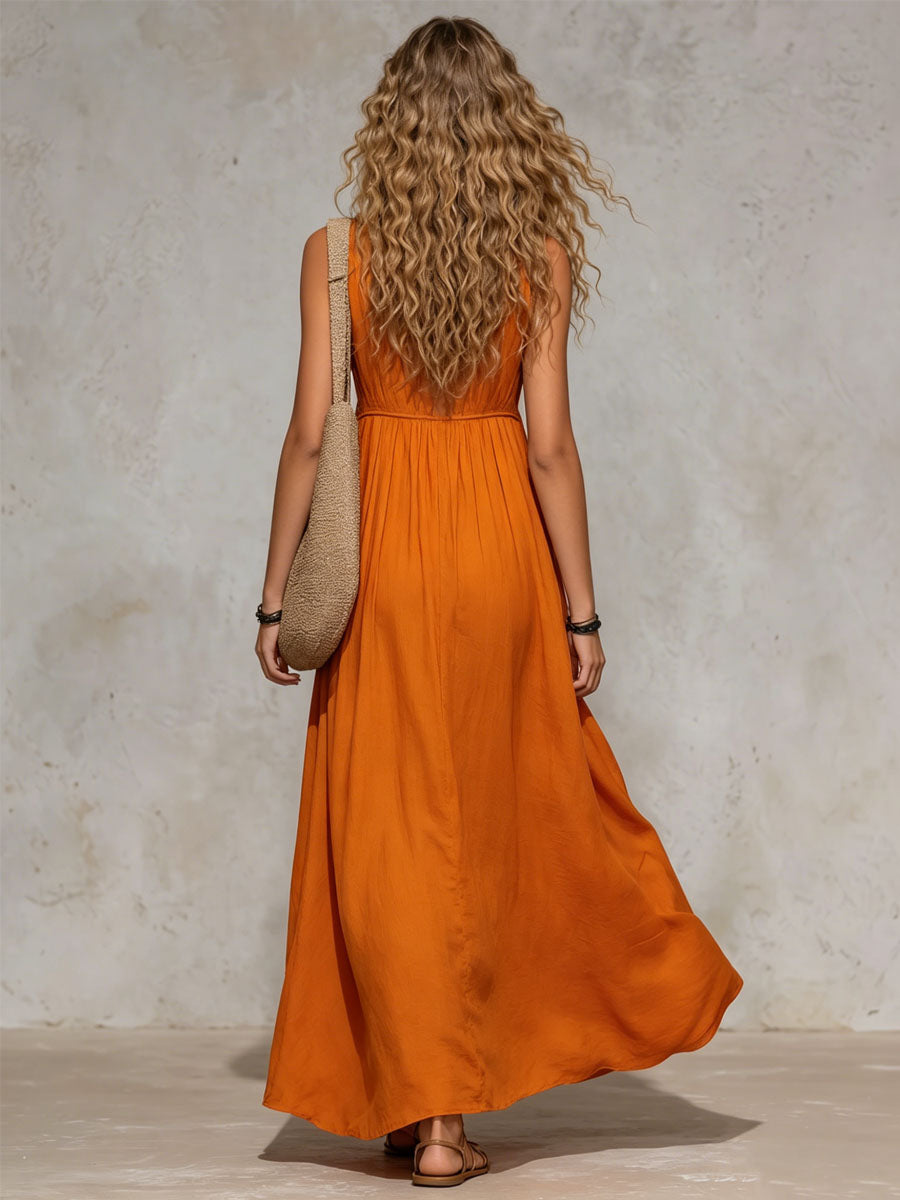Orange Cotton-linen Color-blocked V-neck Sleeveless Maxi Dress