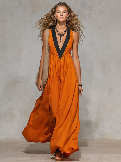 Orange Cotton-linen Color-blocked V-neck Sleeveless Maxi Dress