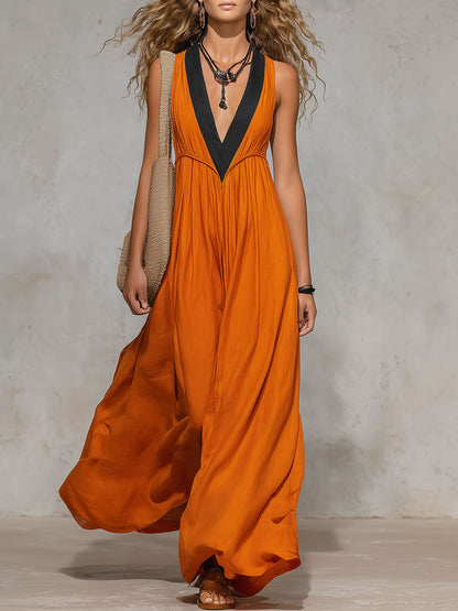 Orange Cotton-linen Color-blocked V-neck Sleeveless Maxi Dress
