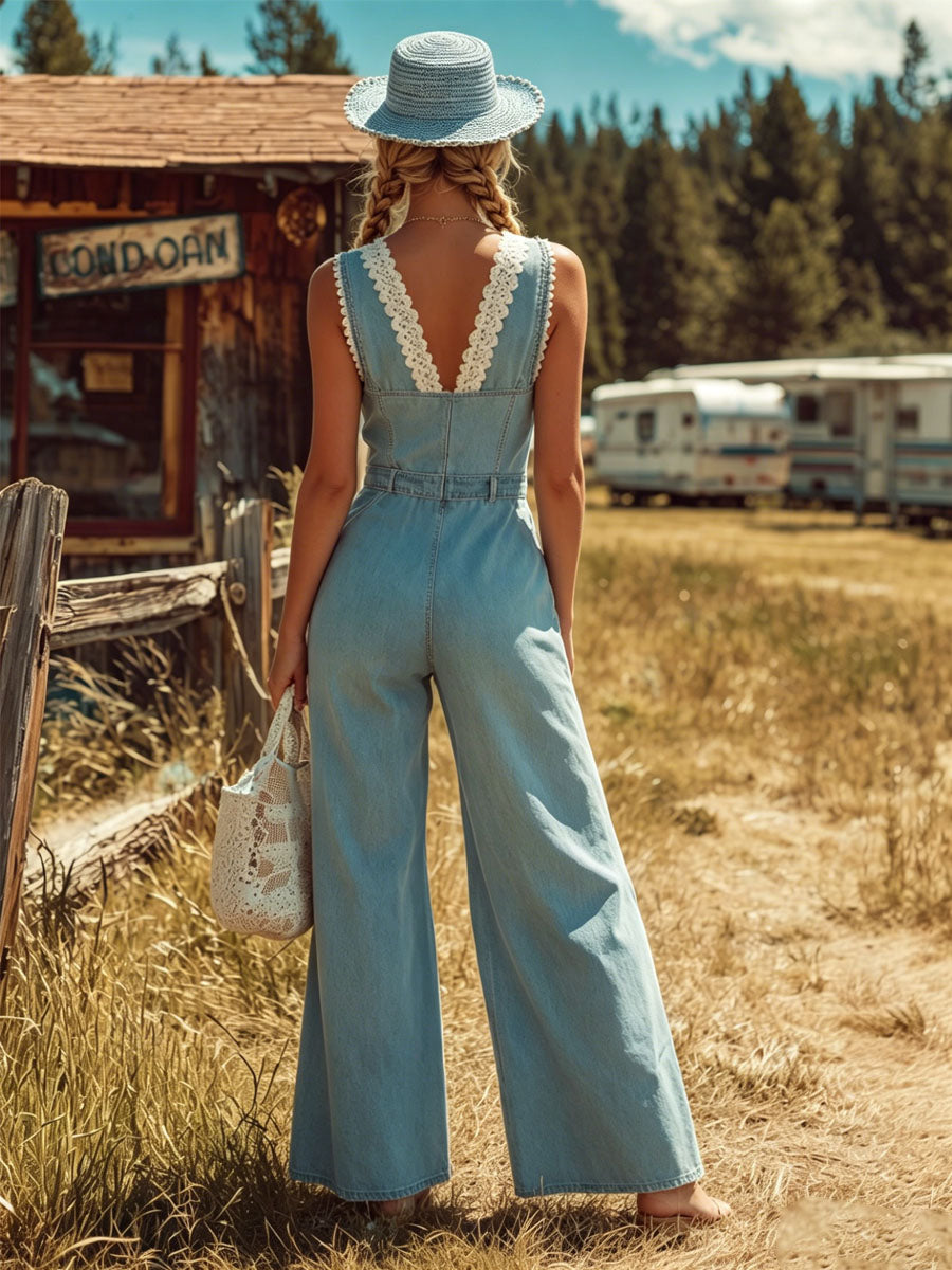 Retro Color-blocked Lace-trimmed V-neck Zipper Wide-leg Denim Sleeveless Jumpsuit