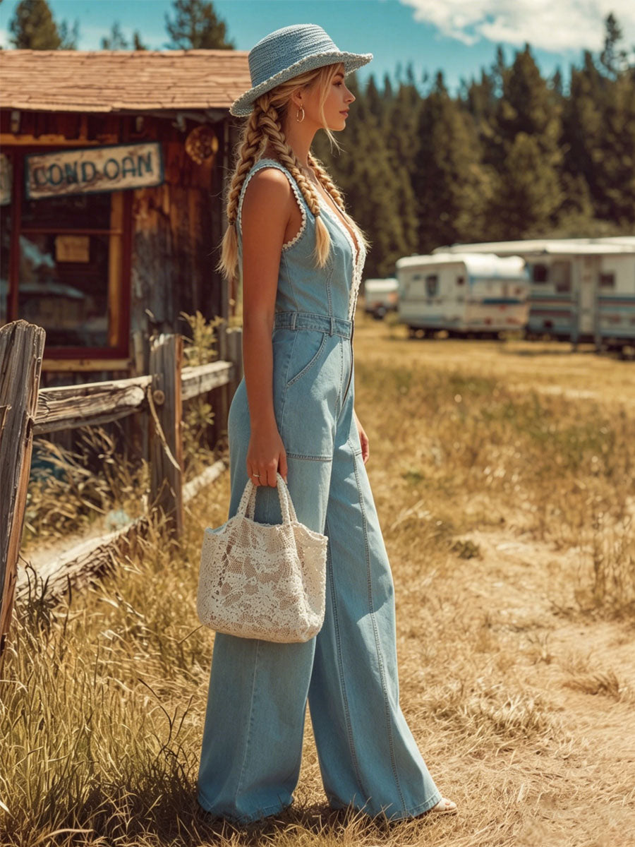 Retro Color-blocked Lace-trimmed V-neck Zipper Wide-leg Denim Sleeveless Jumpsuit