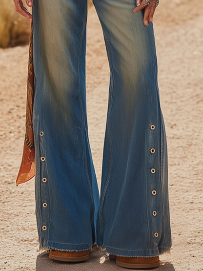 Western Retro Frayed Button-down Flared Blue Jeans