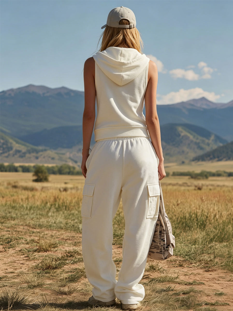 Retro Sporty Hooded Sleeveless Top And Multi-pocket Trousers Set