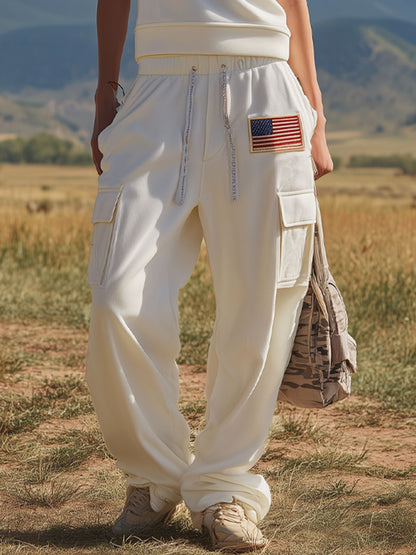 Retro Sporty Hooded Sleeveless Top And Multi-pocket Trousers Set