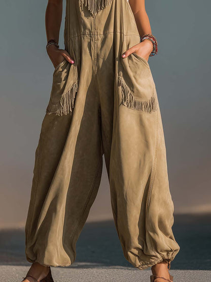 Sienna Fringe Faux Suede Boho Overalls Effortless Desert Western Statement Style