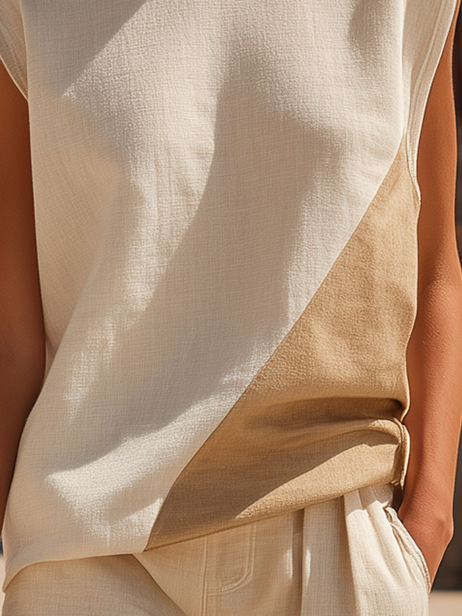 Casual Retro Color-blocked Off-shoulder Sleeveless Cotton And Linen T-shirt And Shorts Set