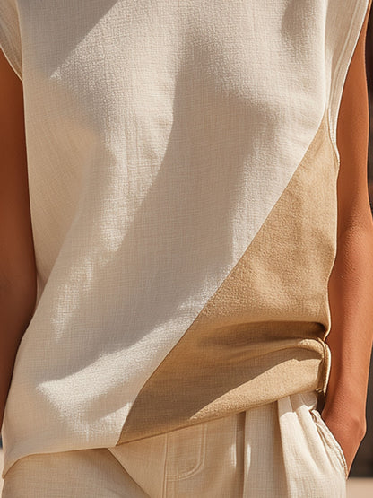 Casual Retro Color-blocked Off-shoulder Sleeveless Cotton And Linen T-shirt And Shorts Set