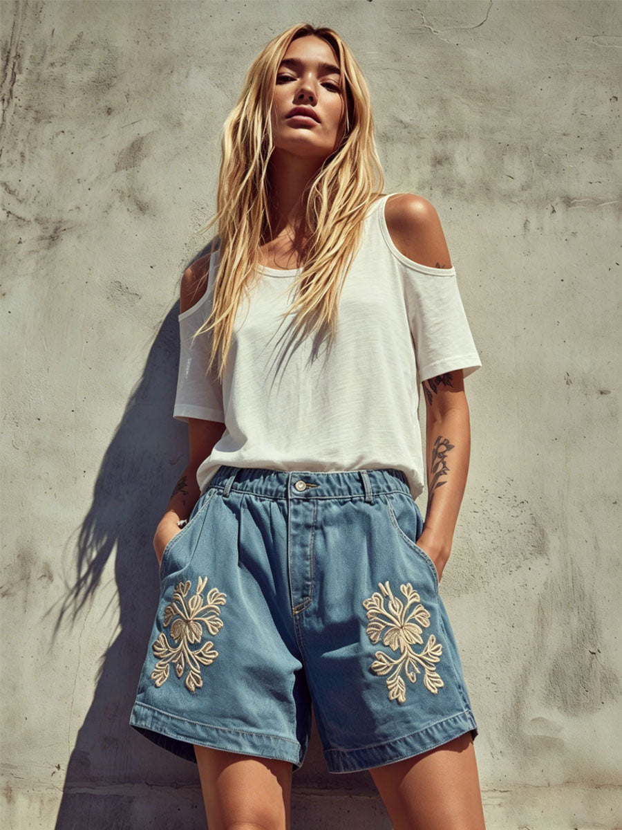 Cotton Round Neck Off-shoulder Short-sleeved T-shirt