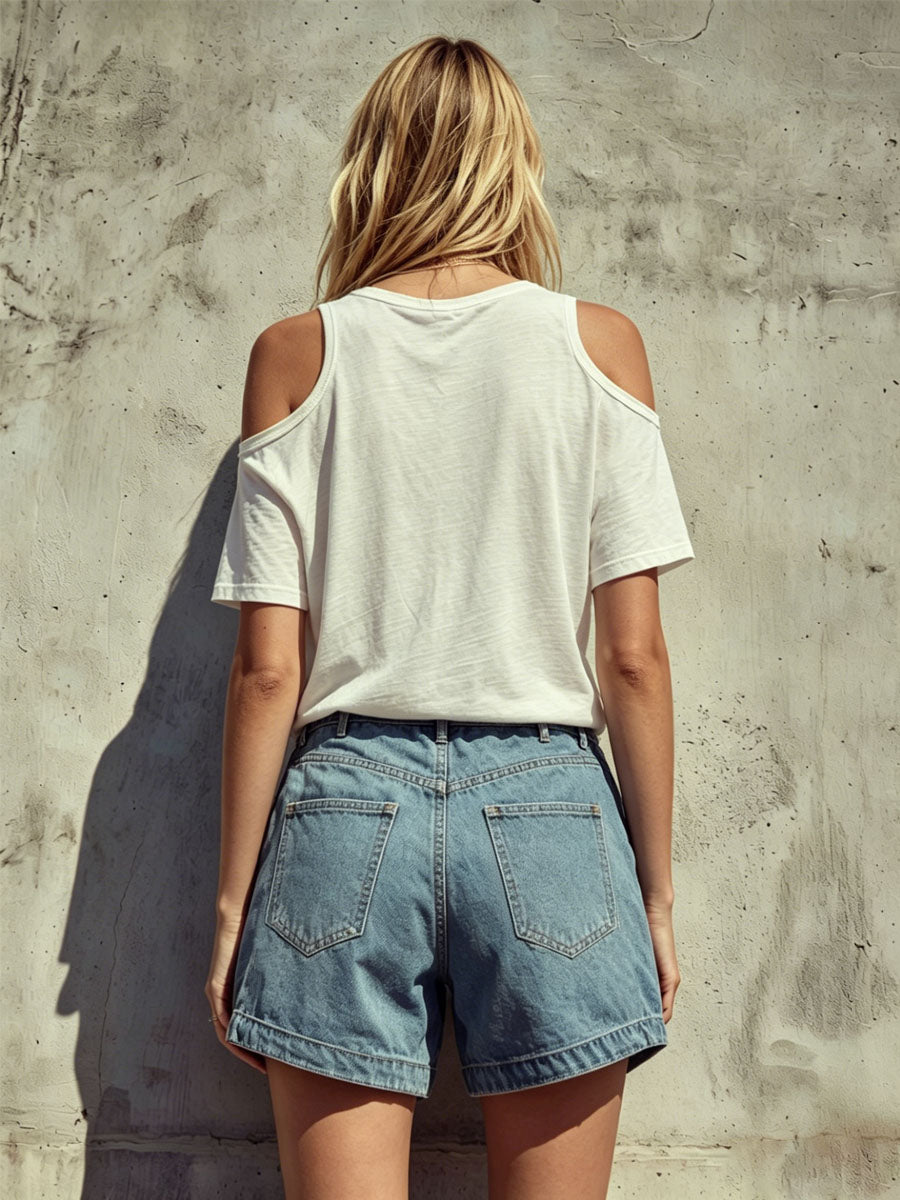 Cotton Round Neck Off-shoulder Short-sleeved T-shirt