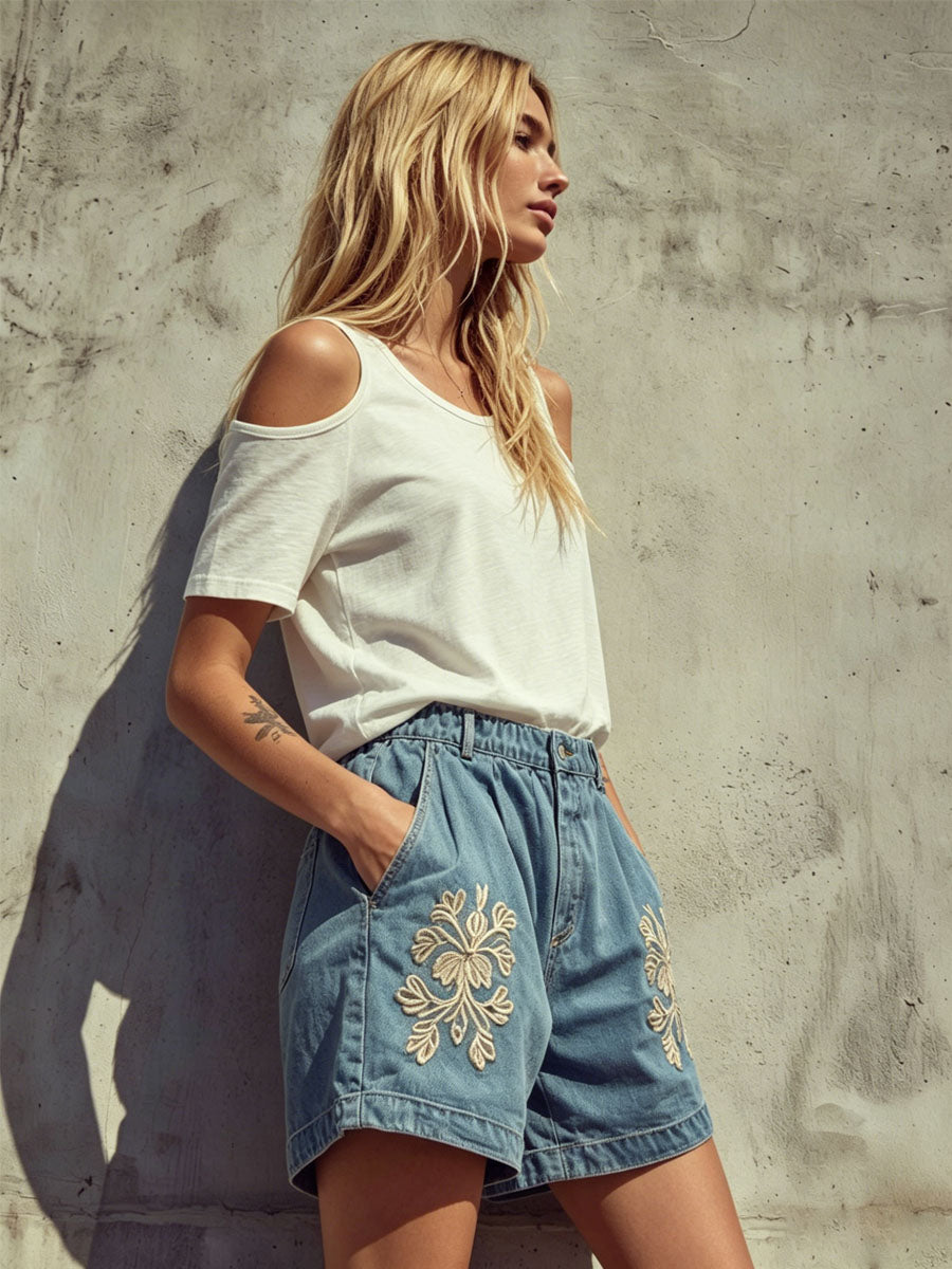 Cotton Round Neck Off-shoulder Short-sleeved T-shirt