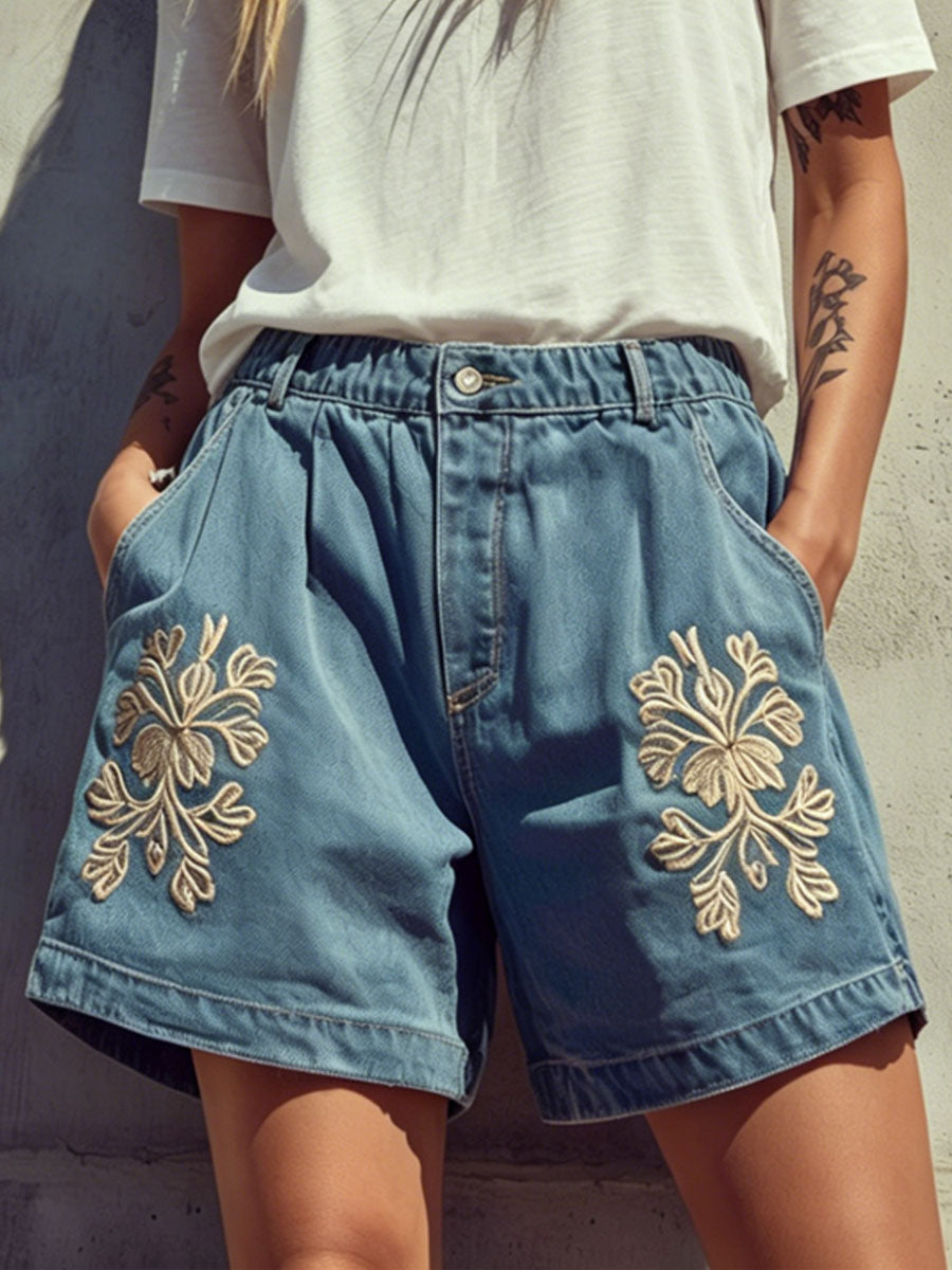Retro Blue Denim Embroidered Shorts