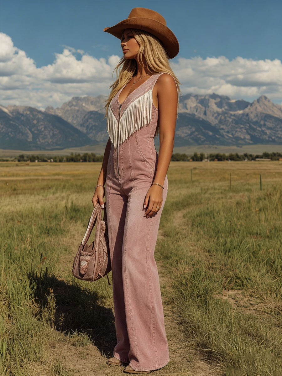 Retro V-neck Tassel Zipper Pink Denim Sleeveless Jumpsuit