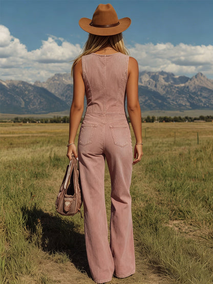 Retro V-neck Tassel Zipper Pink Denim Sleeveless Jumpsuit