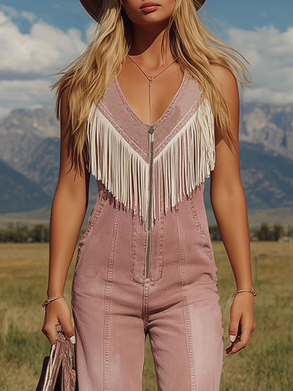 Retro V-neck Tassel Zipper Pink Denim Sleeveless Jumpsuit