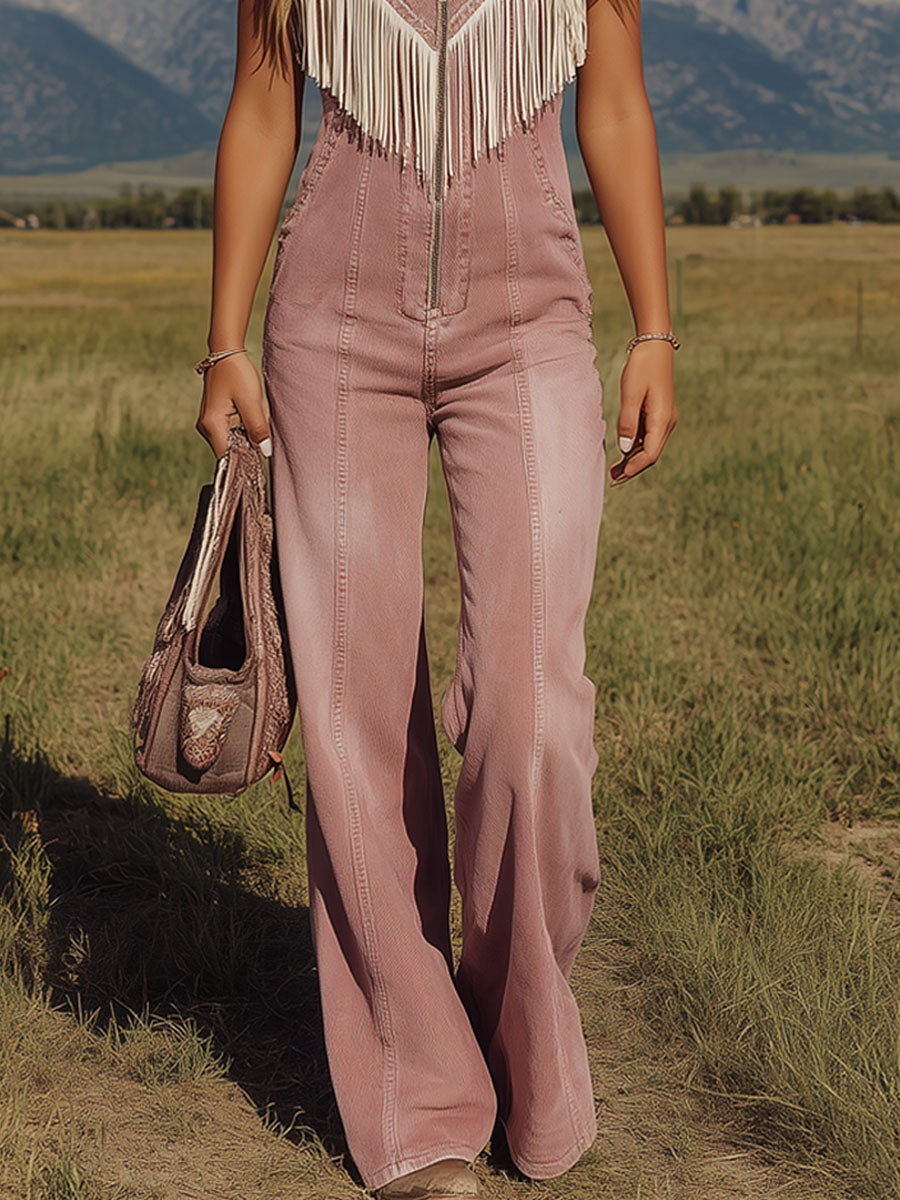 Retro V-neck Tassel Zipper Pink Denim Sleeveless Jumpsuit