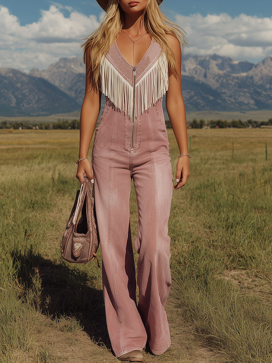 Retro V-neck Tassel Zipper Pink Denim Sleeveless Jumpsuit