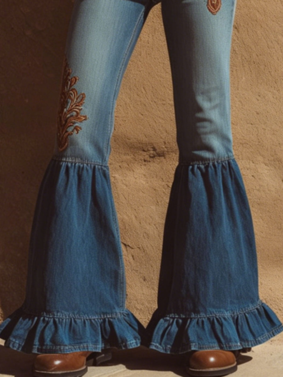 Retro Embroidered Ruffled Flared Jeans