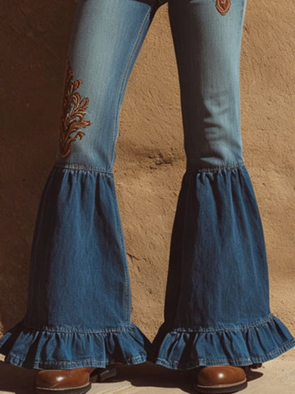 Retro Embroidered Ruffled Flared Jeans
