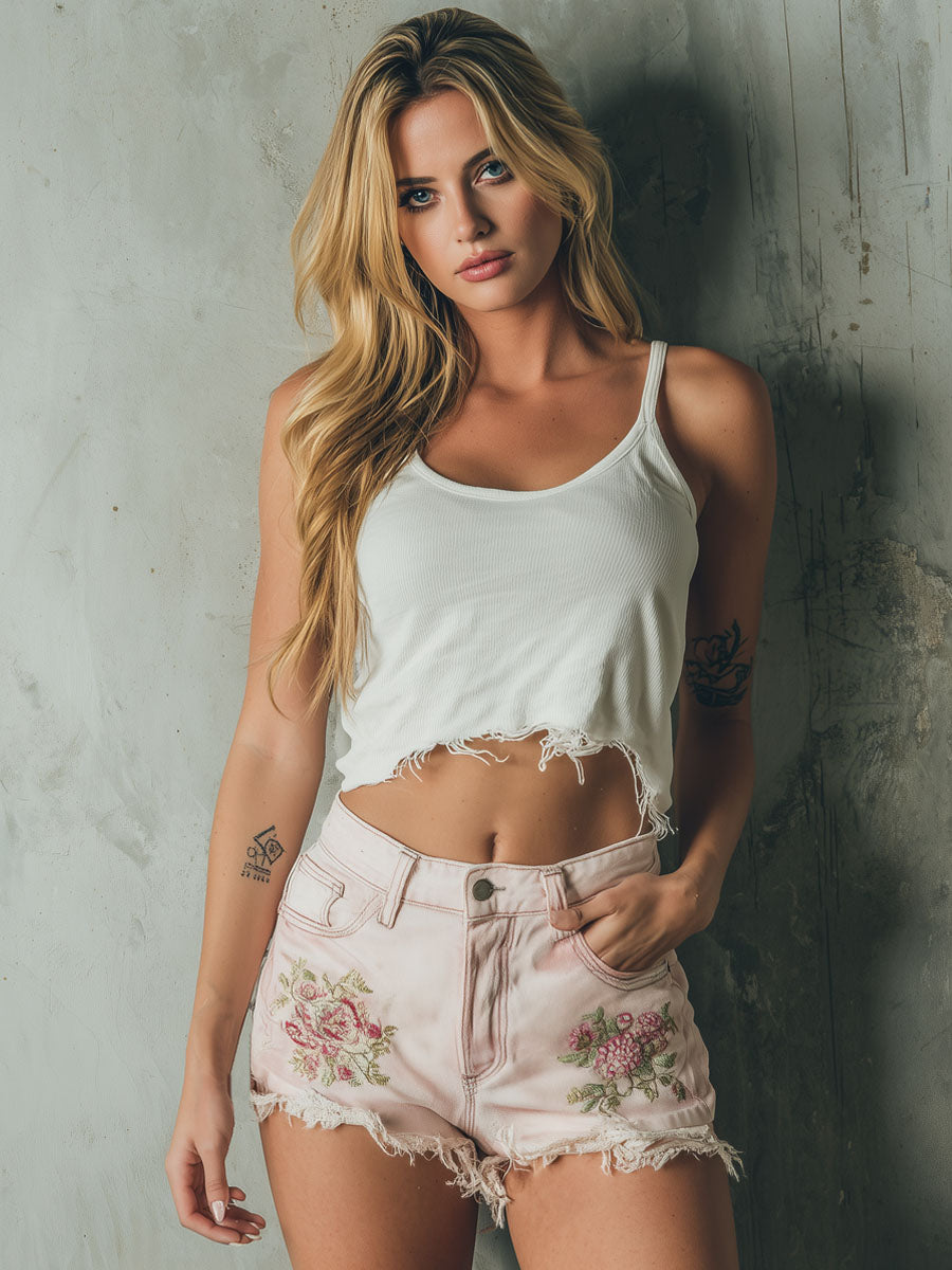 Retro Pink Denim Embroidered Shorts