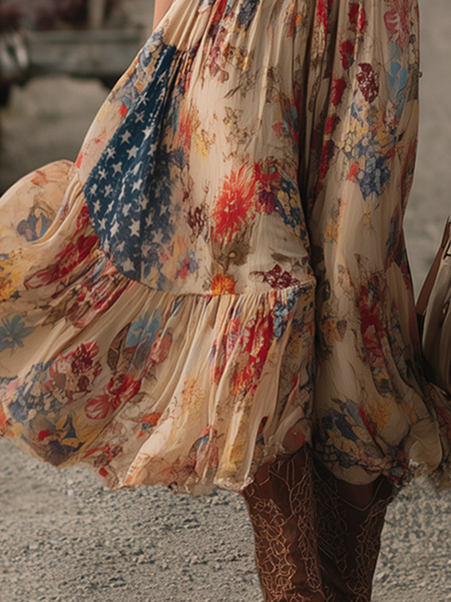 Retro Bohemian-Style Khaki Floral Print Midi Dress