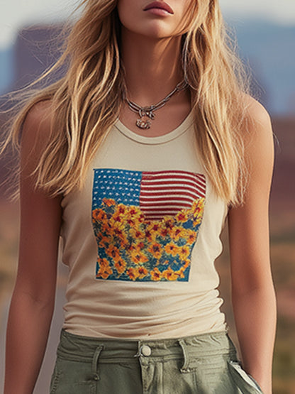 Retro Casual Western-Print Beige Cotton Tank Top