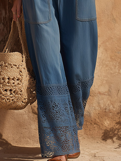 Retro-Minimalist Blue Denim &amp; Lace Patchwork Jumpsuit