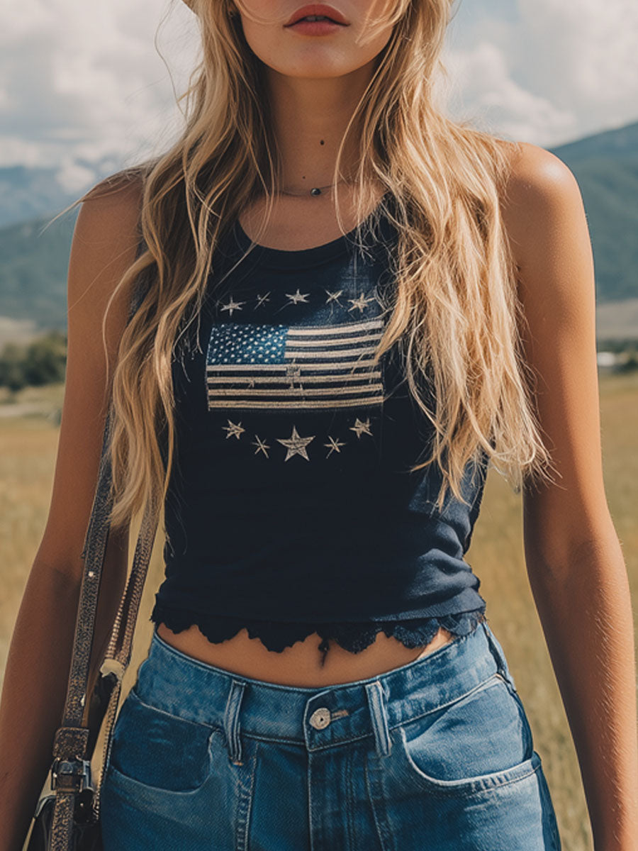 Round Neck Flag Print Lace Trim Sleeveless Tank