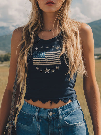 Round Neck Flag Print Lace Trim Sleeveless Tank