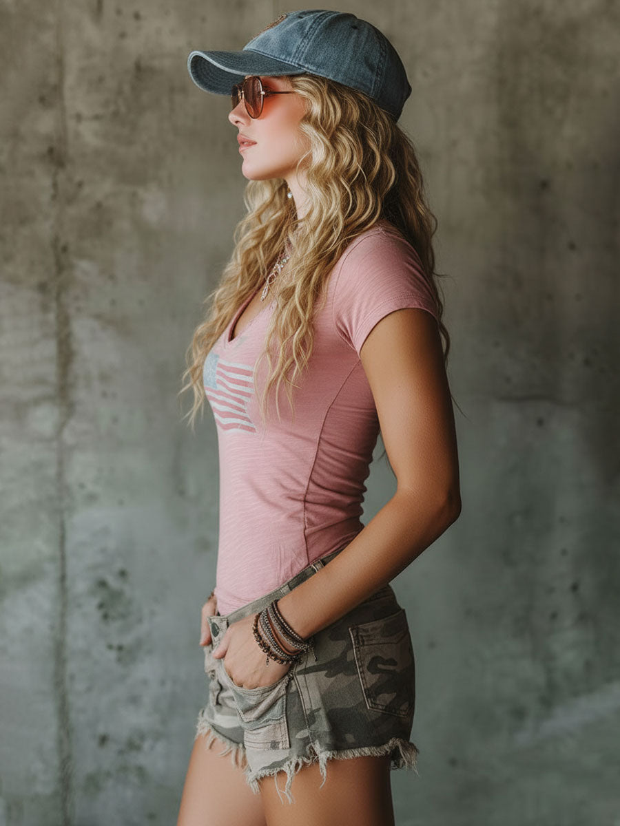 Western Retro Gray-green Camouflage Denim Frayed Low-rise Shorts